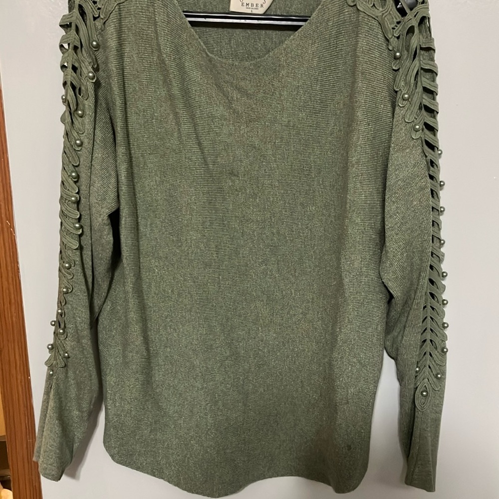 Green Sweater with Braided Sleeve Detail